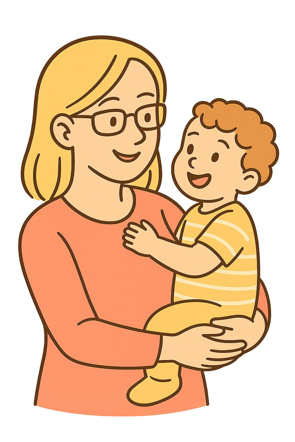 Illustration : une maman souriante porte un enfant sous un arc-en-ciel